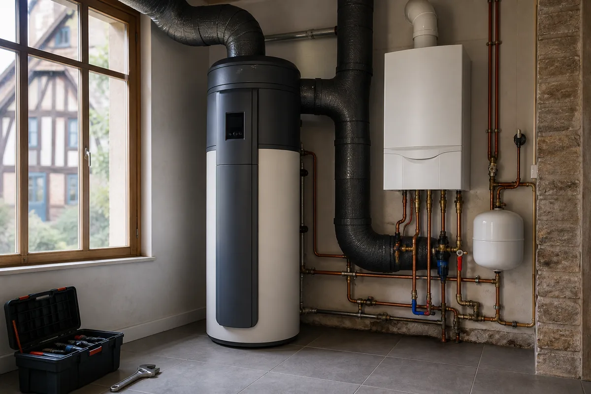 Chauffe-eau thermodynamique installé dans le garage d’une maison individuelle, gaine d’air raccordée
