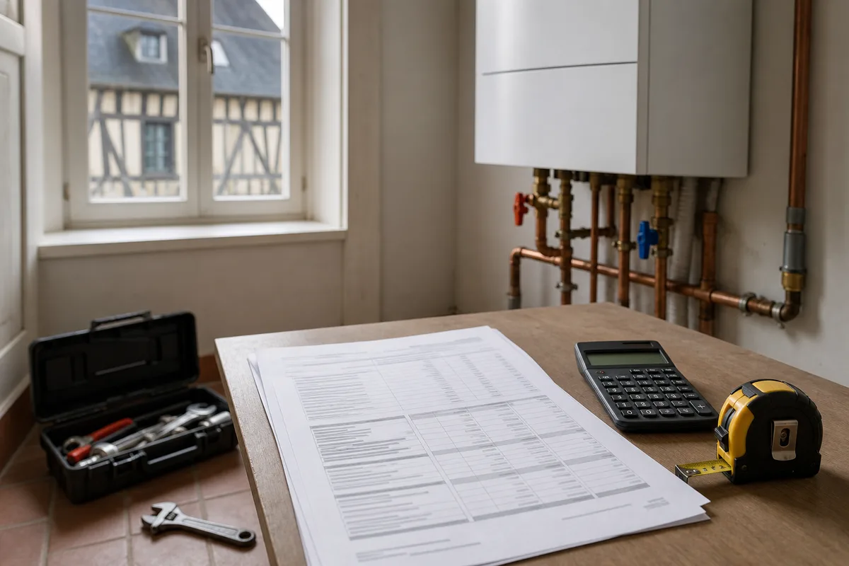 Devis de plomberie détaillé posé sur une table avec une calculatrice et un mètre ruban