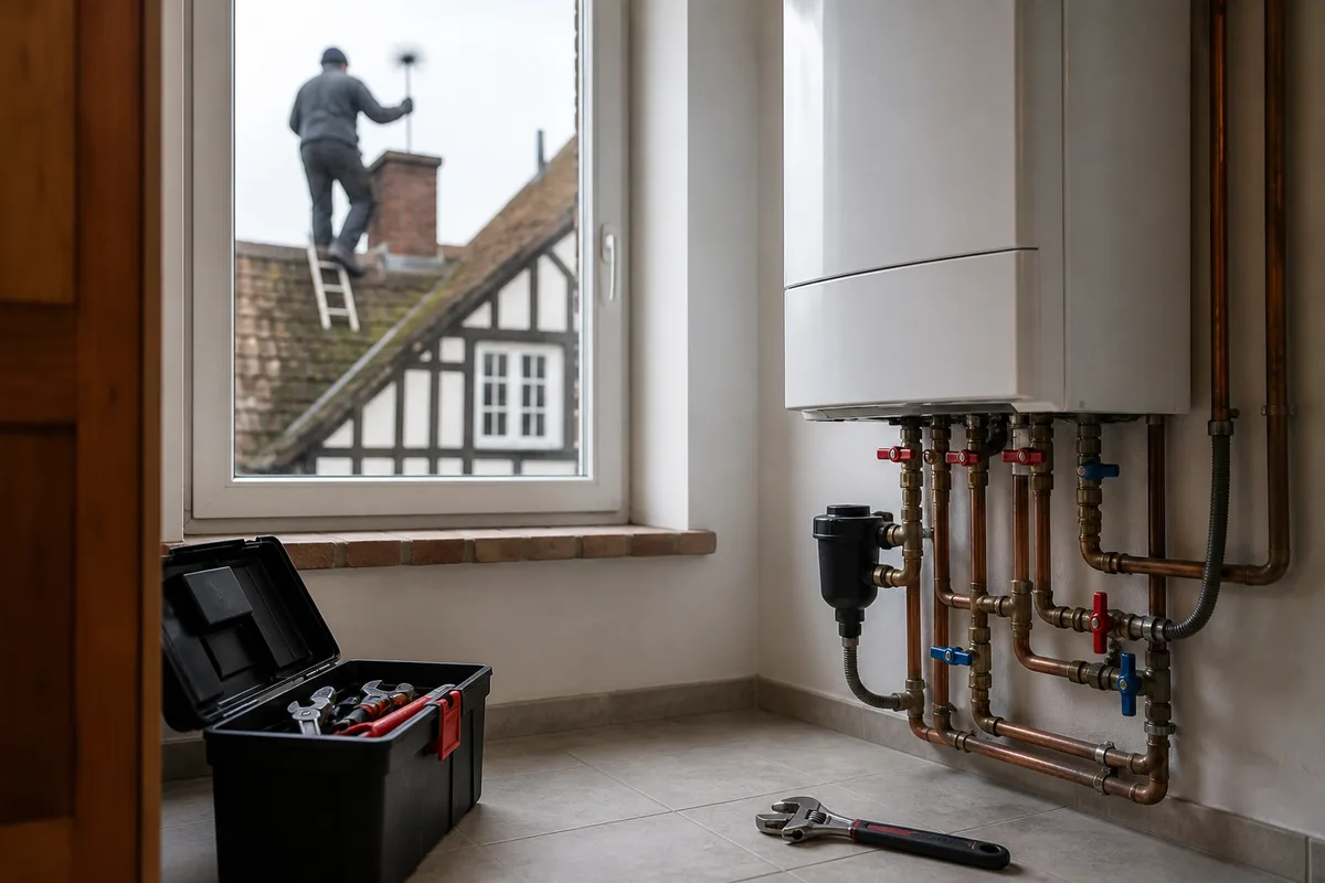 Ramoneur nettoyant un conduit de cheminée depuis le toit d&rsquo;une maison normande à colombages
