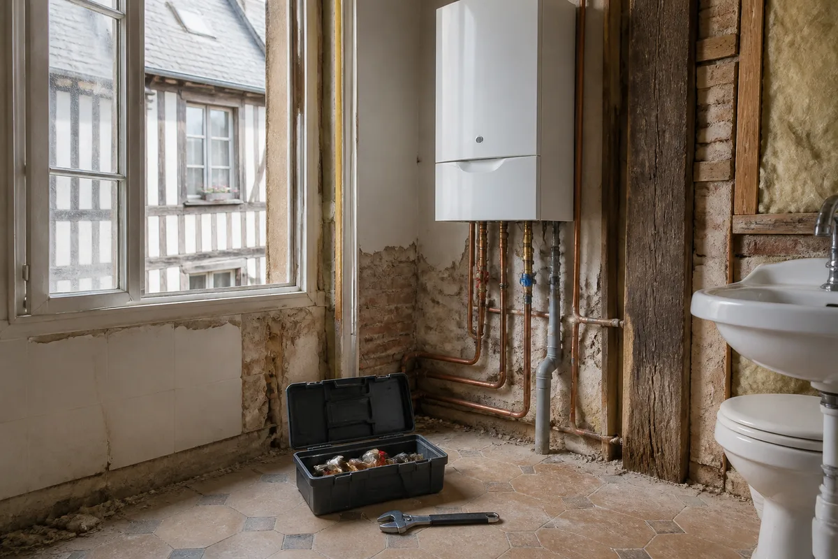 Salle de bain de maison ancienne en cours de dépose, murs mis à nu et réseaux apparents