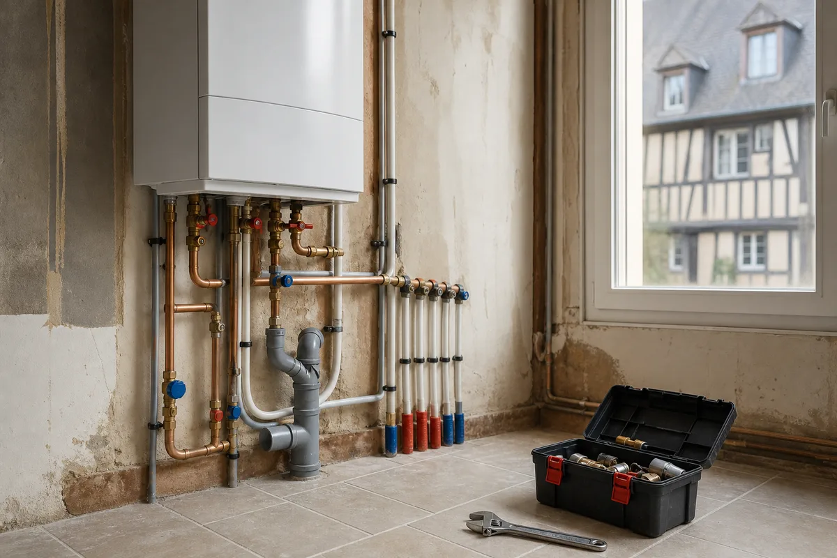 Réseaux d&rsquo;alimentation multicouche et évacuation en attente sur un mur de salle de bain rénovée