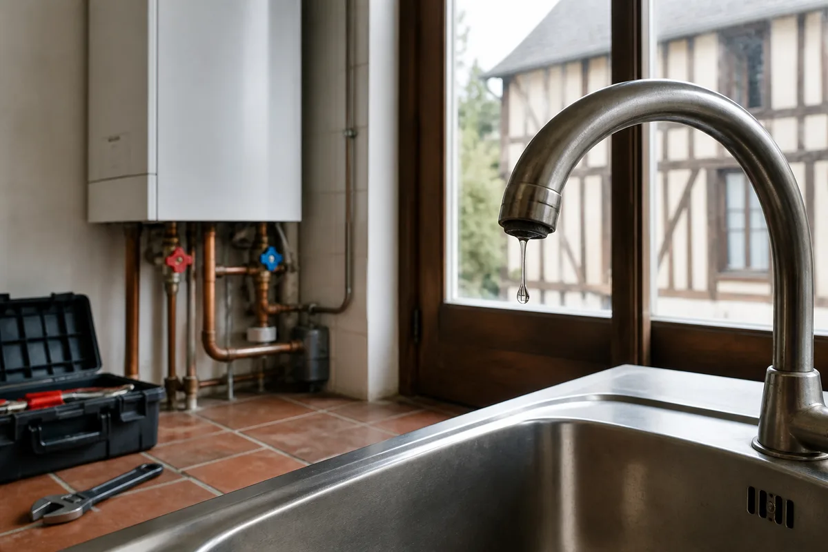 Robinet de cuisine laissant échapper une goutte d’eau au-dessus d’un évier en inox